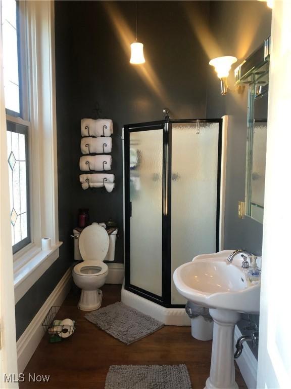 bathroom featuring hardwood / wood-style floors, toilet, and walk in shower