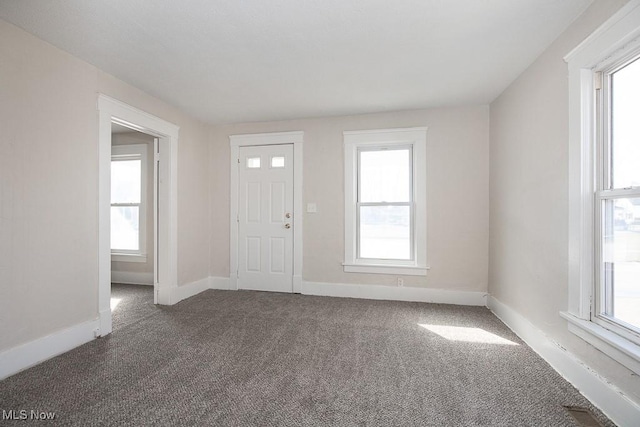 entryway featuring plenty of natural light and dark colored carpet