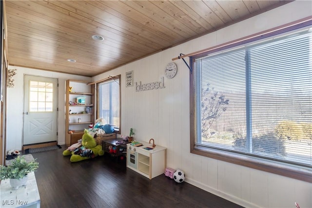 interior space featuring wood ceiling and dark wood-style flooring