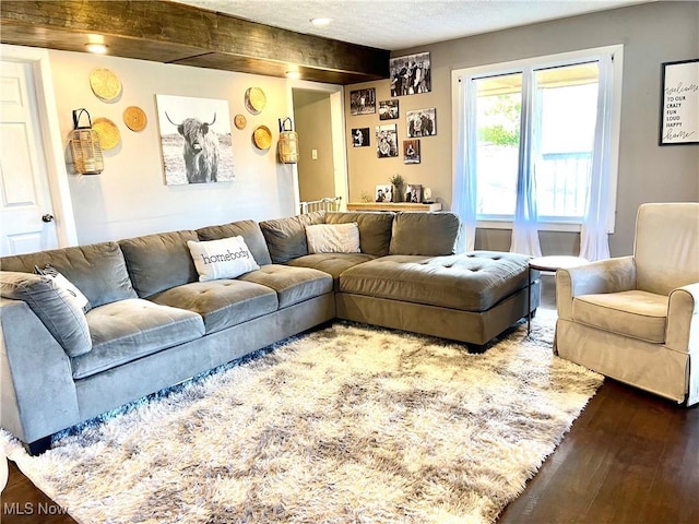 living room with dark wood-style floors and a textured ceiling