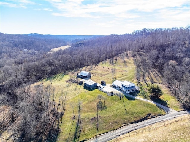 birds eye view of property featuring a forest view