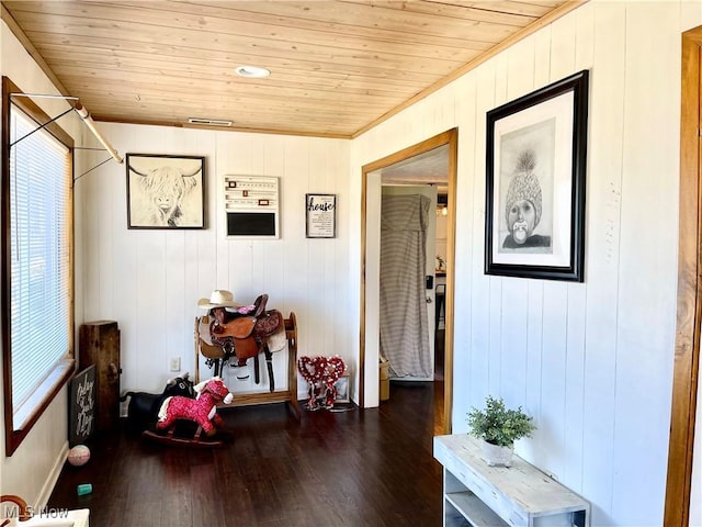 hall featuring wooden ceiling and wood finished floors