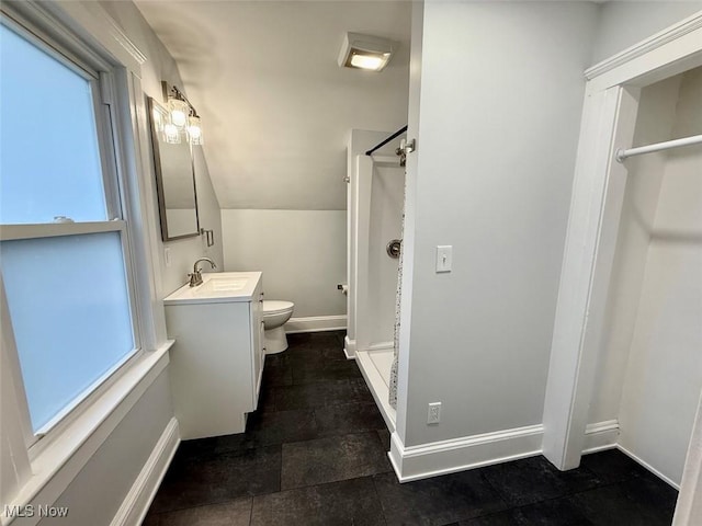 bathroom featuring a healthy amount of sunlight, vanity, and a shower