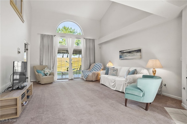 sitting room featuring a high ceiling and light colored carpet