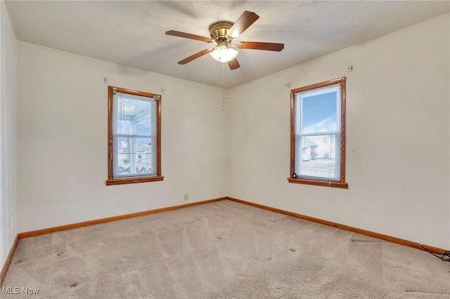 unfurnished room with light colored carpet, a healthy amount of sunlight, and a textured ceiling