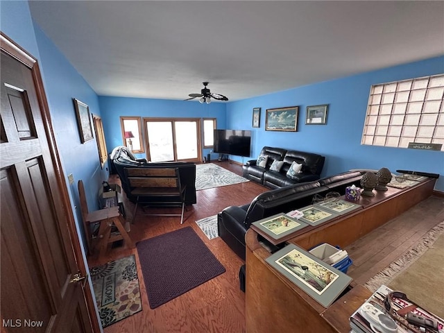 living room featuring hardwood / wood-style flooring and ceiling fan