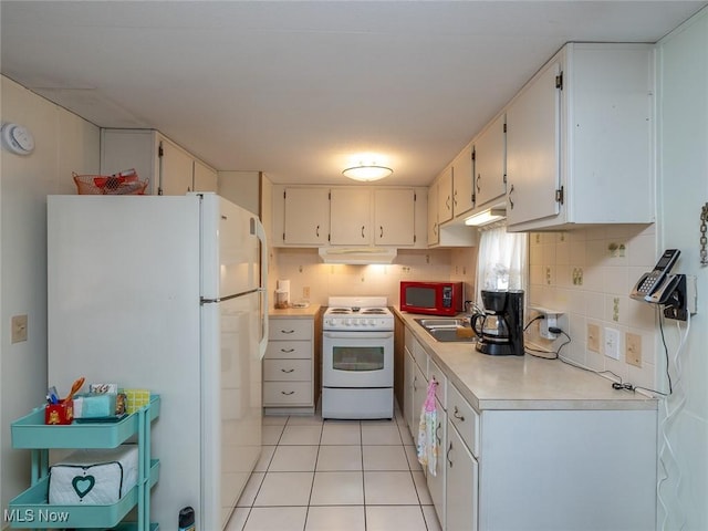 kitchen with white cabinetry, white appliances, decorative backsplash, and light tile patterned flooring