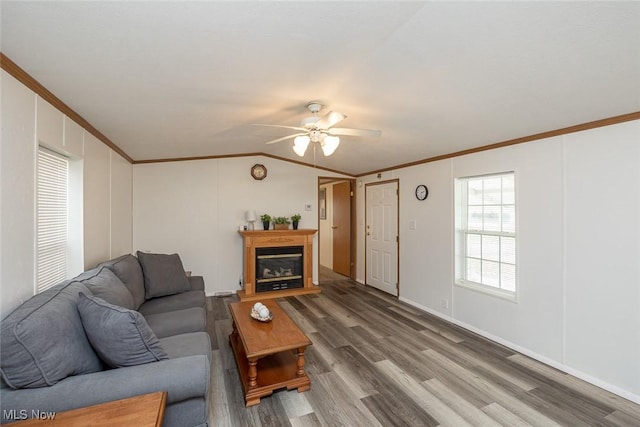 living room with lofted ceiling, hardwood / wood-style floors, ornamental molding, and ceiling fan