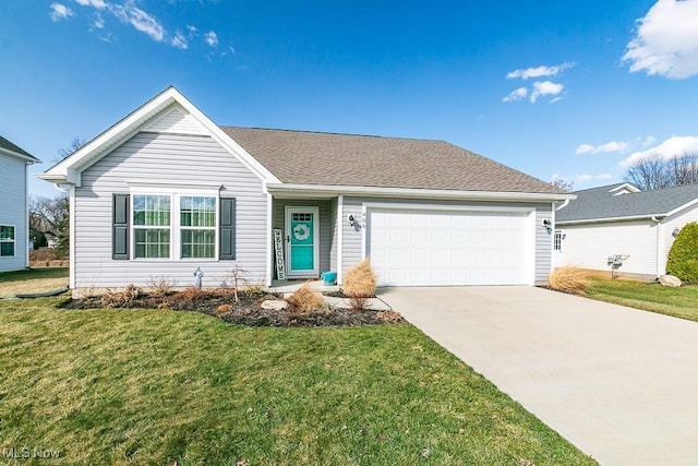 ranch-style house featuring a garage, driveway, roof with shingles, and a front yard