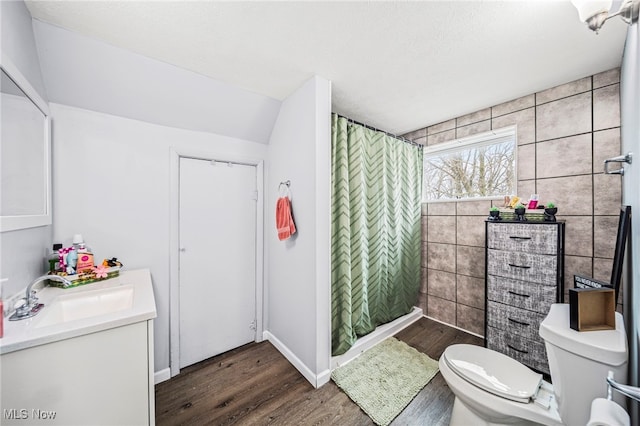 bathroom featuring vanity, hardwood / wood-style flooring, curtained shower, and toilet