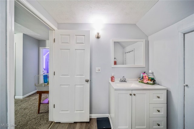 bathroom featuring vanity, hardwood / wood-style flooring, and a textured ceiling