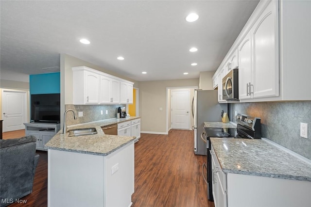 kitchen featuring sink, appliances with stainless steel finishes, dark hardwood / wood-style flooring, kitchen peninsula, and white cabinets