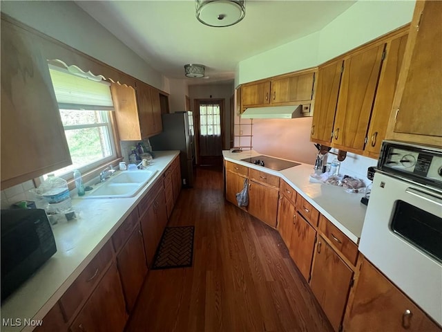 kitchen with sink, black appliances, and dark hardwood / wood-style floors