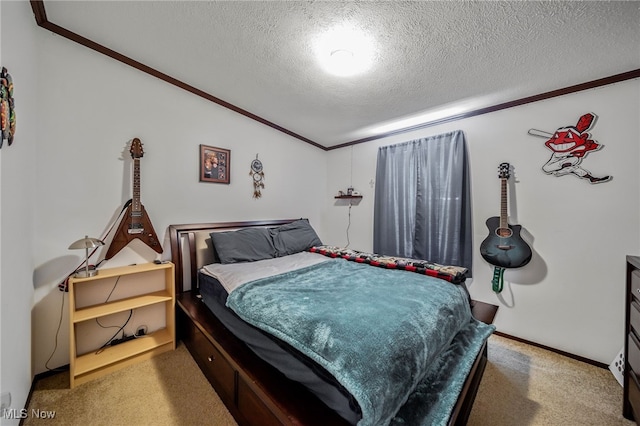 bedroom featuring crown molding, carpet floors, and a textured ceiling