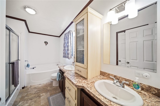 full bathroom with ornamental molding, toilet, separate shower and tub, and vanity