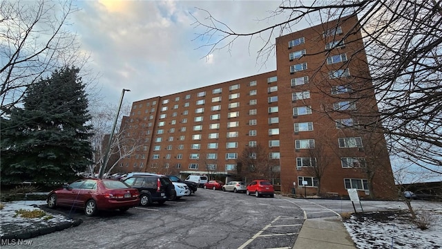 view of snow covered building