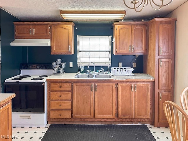 kitchen featuring sink, a textured ceiling, extractor fan, and white electric range oven