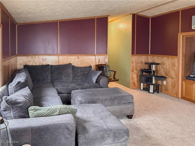 living room with a textured ceiling and carpet flooring