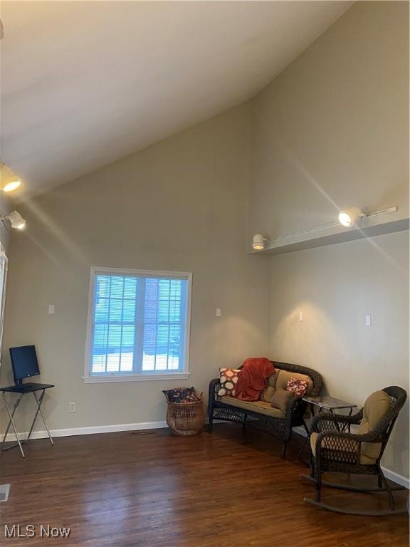 sitting room featuring dark wood-type flooring and high vaulted ceiling