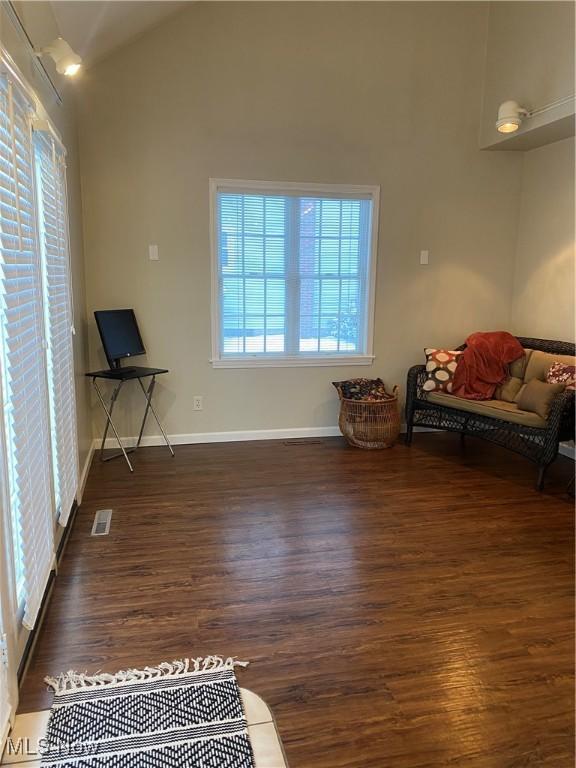 sitting room with dark hardwood / wood-style floors and high vaulted ceiling