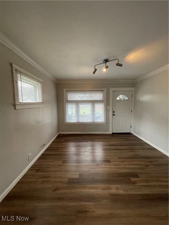 foyer entrance with ornamental molding, dark hardwood / wood-style flooring, and a wealth of natural light