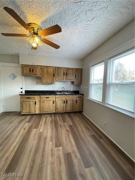 kitchen with sink, dark hardwood / wood-style floors, and a textured ceiling