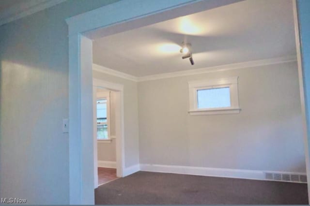 spare room featuring crown molding and plenty of natural light