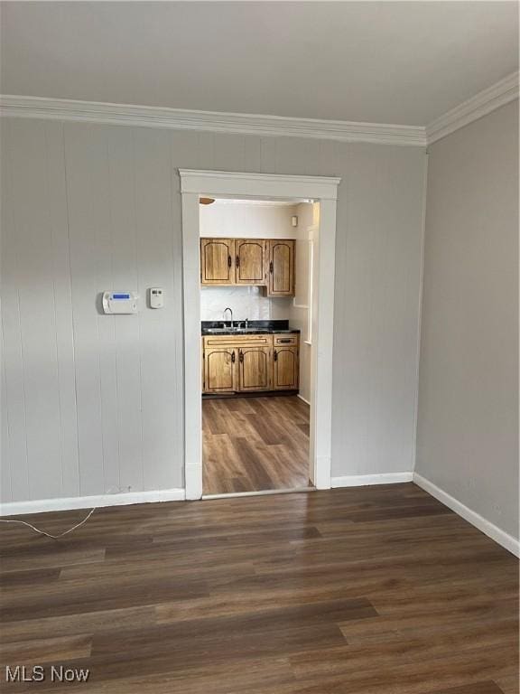 interior space with ornamental molding, sink, and dark hardwood / wood-style flooring