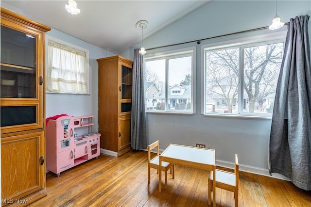 recreation room with lofted ceiling and hardwood / wood-style flooring