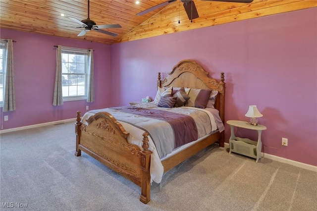 carpeted bedroom featuring lofted ceiling, ceiling fan, and wooden ceiling