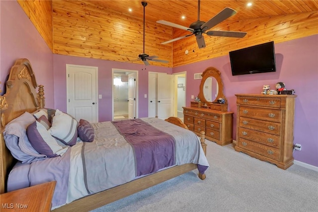 bedroom with wooden ceiling, ceiling fan, high vaulted ceiling, ensuite bathroom, and light colored carpet