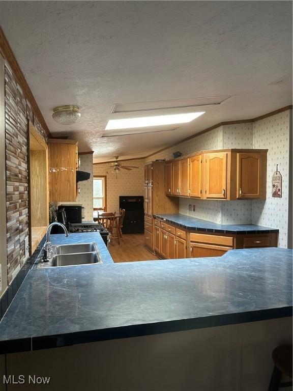 kitchen featuring sink, ornamental molding, light hardwood / wood-style floors, kitchen peninsula, and a textured ceiling