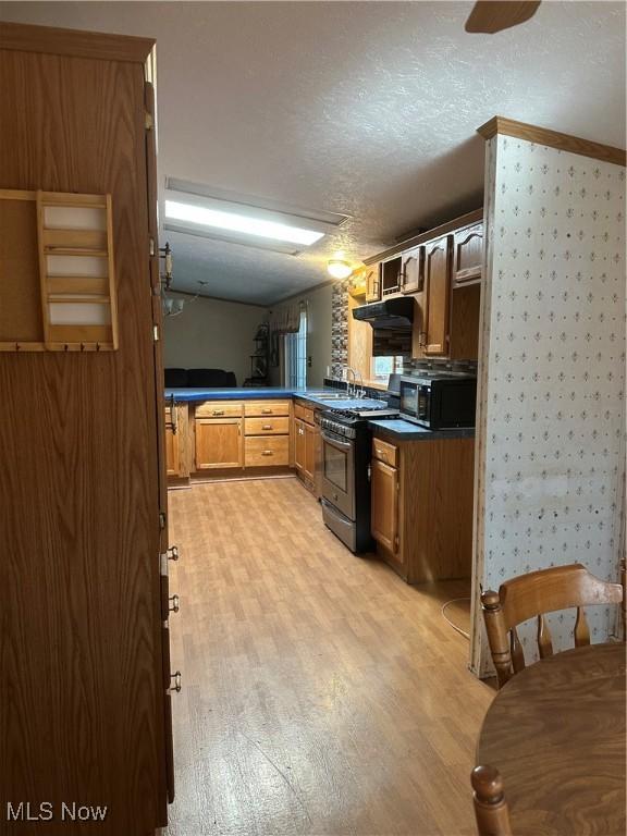 kitchen with gas range, sink, light hardwood / wood-style floors, and a textured ceiling