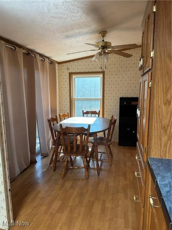 dining room featuring dark wood-type flooring, ceiling fan, and a textured ceiling