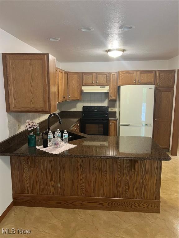 6695 Clingan Rd Unit 26, Poland, OH 44514 - kitchen with freestanding refrigerator, black range with electric cooktop, under cabinet range hood, a peninsula, and a sink