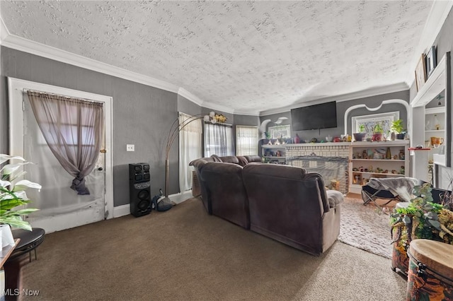 living room featuring ornamental molding, a brick fireplace, carpet floors, and a textured ceiling