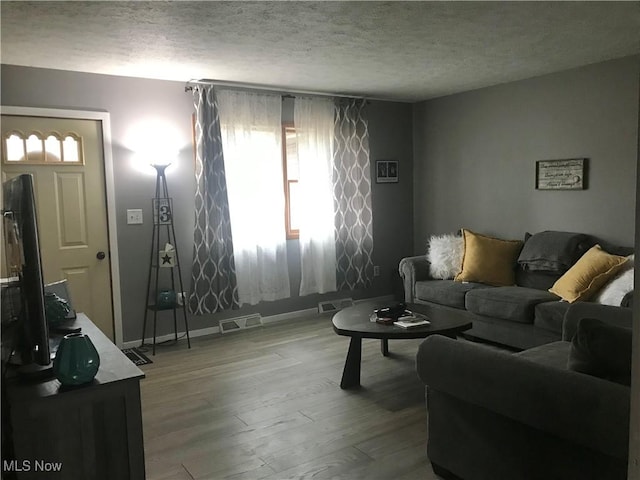 living room featuring hardwood / wood-style floors and a textured ceiling