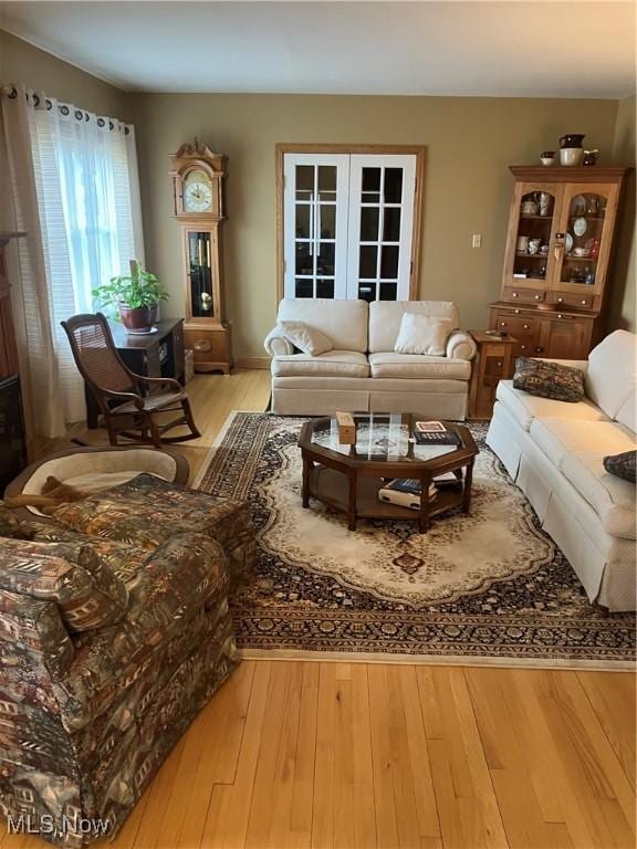 living room with light hardwood / wood-style floors and french doors