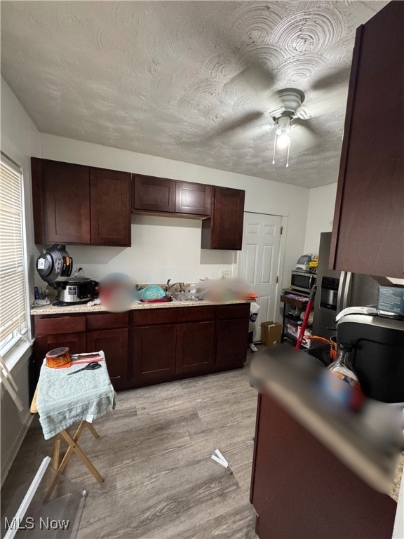 kitchen with dark brown cabinetry, sink, light hardwood / wood-style flooring, a textured ceiling, and ceiling fan