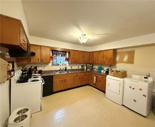 kitchen with sink, electric range, washing machine and clothes dryer, and dishwasher