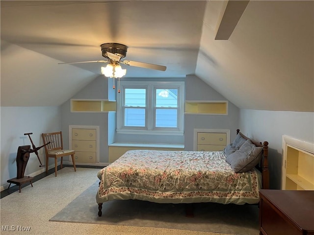 bedroom with ceiling fan and lofted ceiling