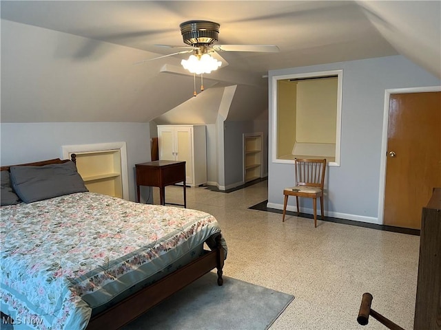 bedroom featuring ceiling fan and vaulted ceiling