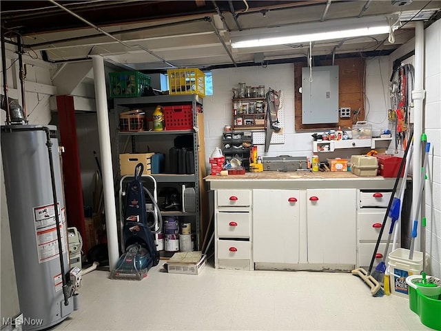 basement with electric panel and water heater