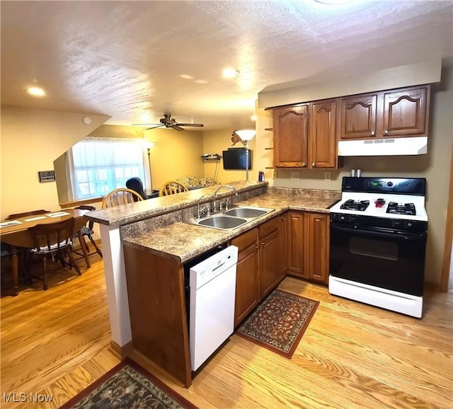 kitchen with sink, range with gas stovetop, kitchen peninsula, and dishwasher