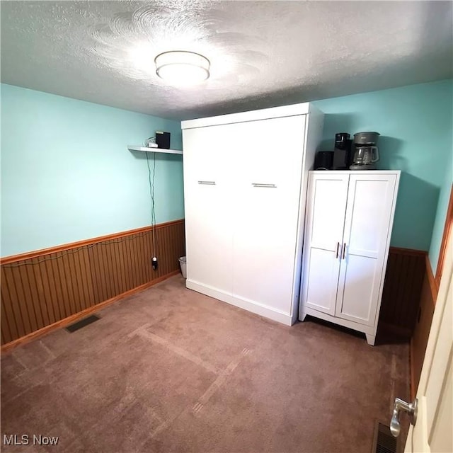 clothes washing area with carpet, wooden walls, and a textured ceiling