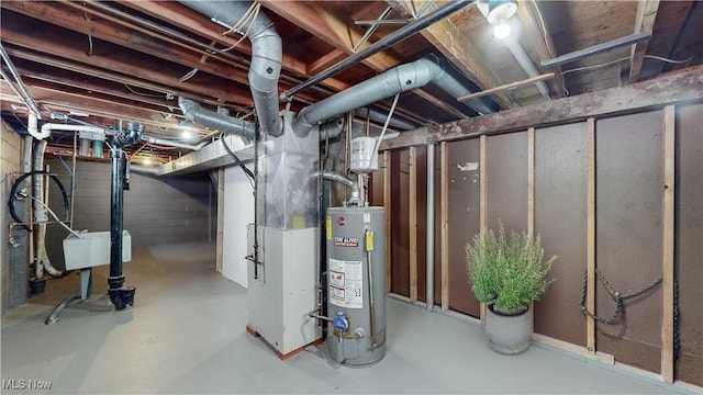 basement with gas water heater and heating unit