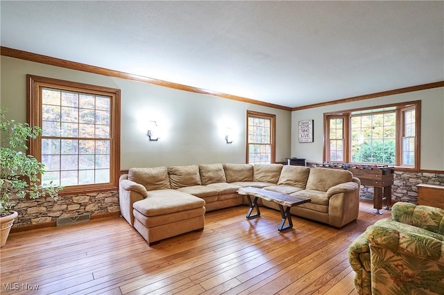 living room with ornamental molding and light hardwood / wood-style floors