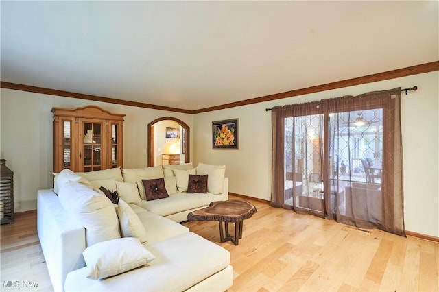 living room featuring crown molding and light hardwood / wood-style floors