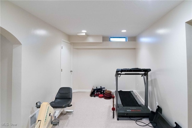 workout room featuring carpet