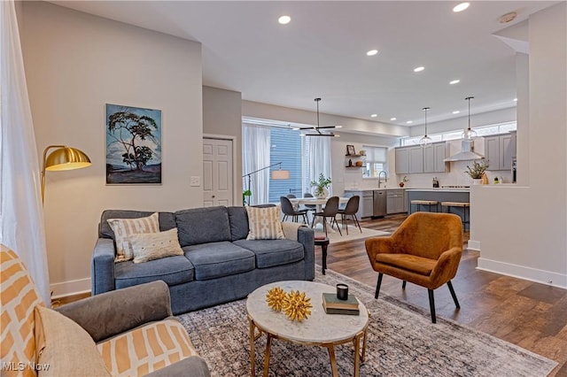 living room with sink and hardwood / wood-style flooring